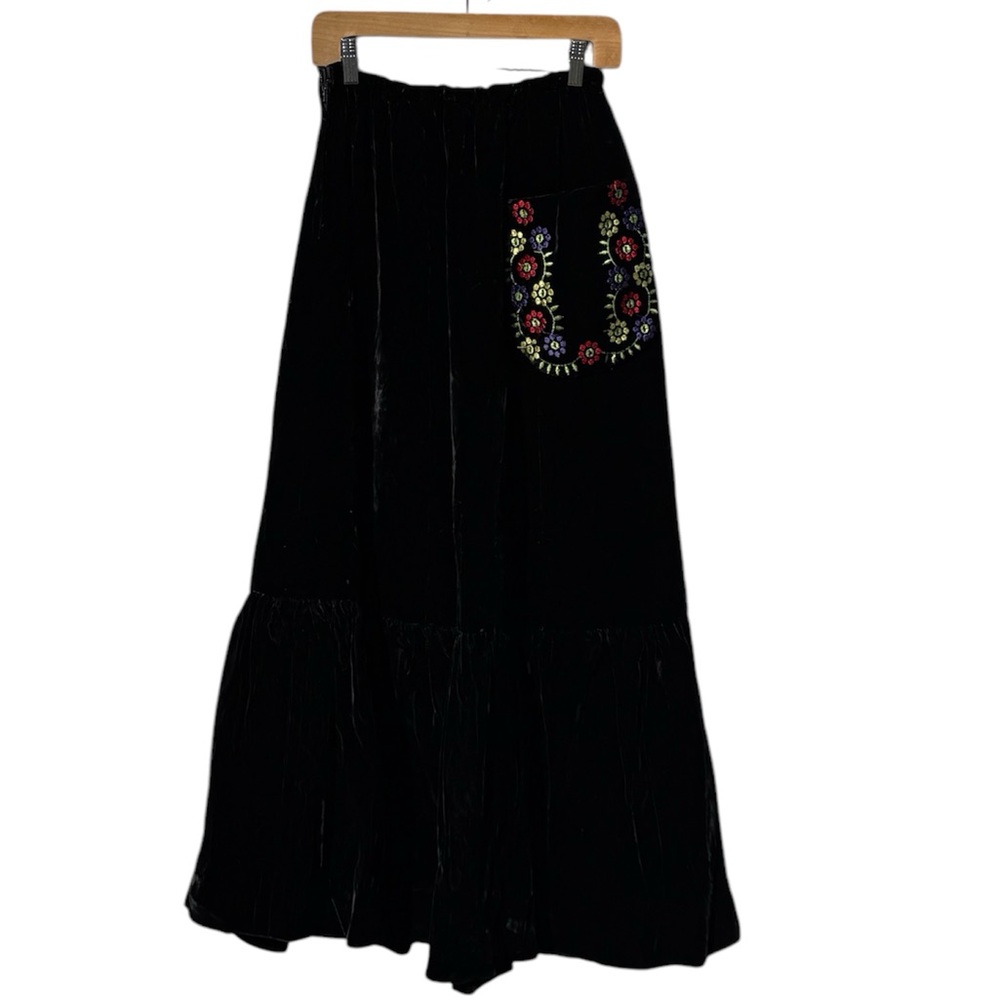 1970s Black Velvet Maxi Skirt with Embroidered Pocket
